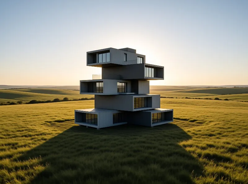 A geometric concrete building stands isolated in a vast green field under a clear sky during golden hour.