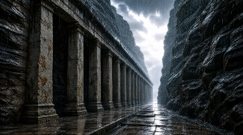 A long stone colonnade lines a wet path between tall mountain peaks under a cloudy, rainy sky.