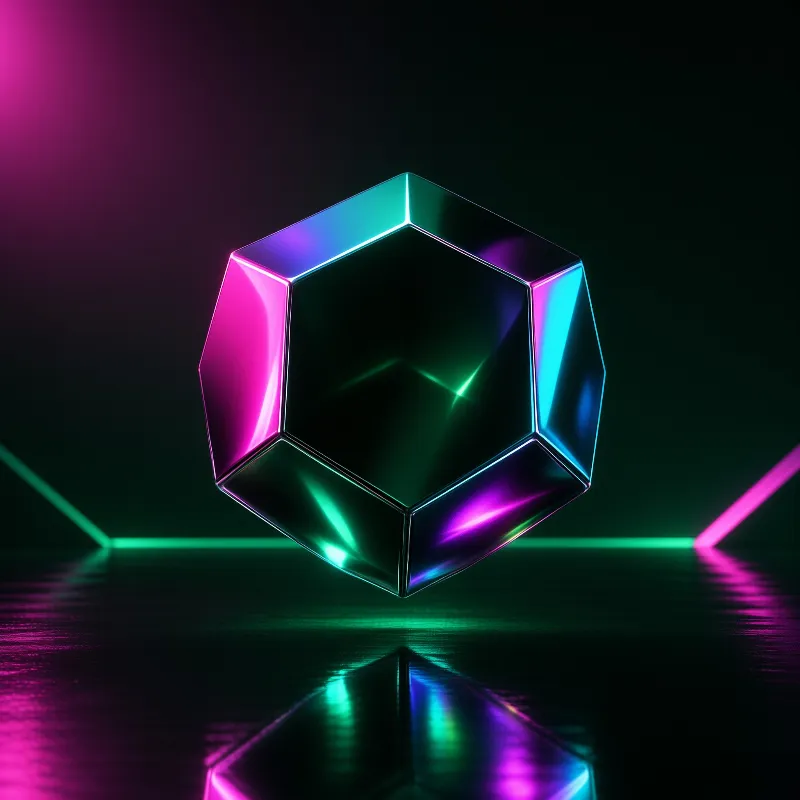 A translucent hexagonal object rests on a dark reflective floor, glowing with edges of cyan and magenta neon light.
