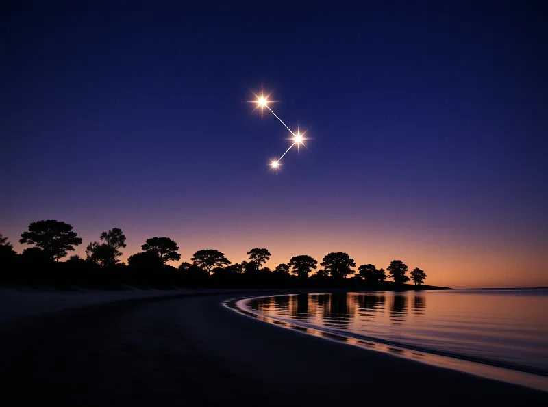 Three bright stars form a connected pattern in the gradient sky above silhouetted trees and reflective water.