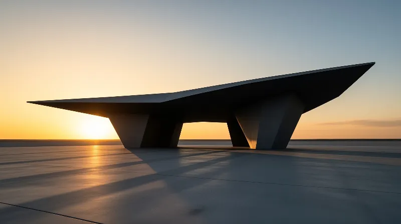 A sharp angular concrete pavilion stands on a smooth reflective vast flat plain, bathed in warm golden sunset light that casts long soft shadows across the surface.