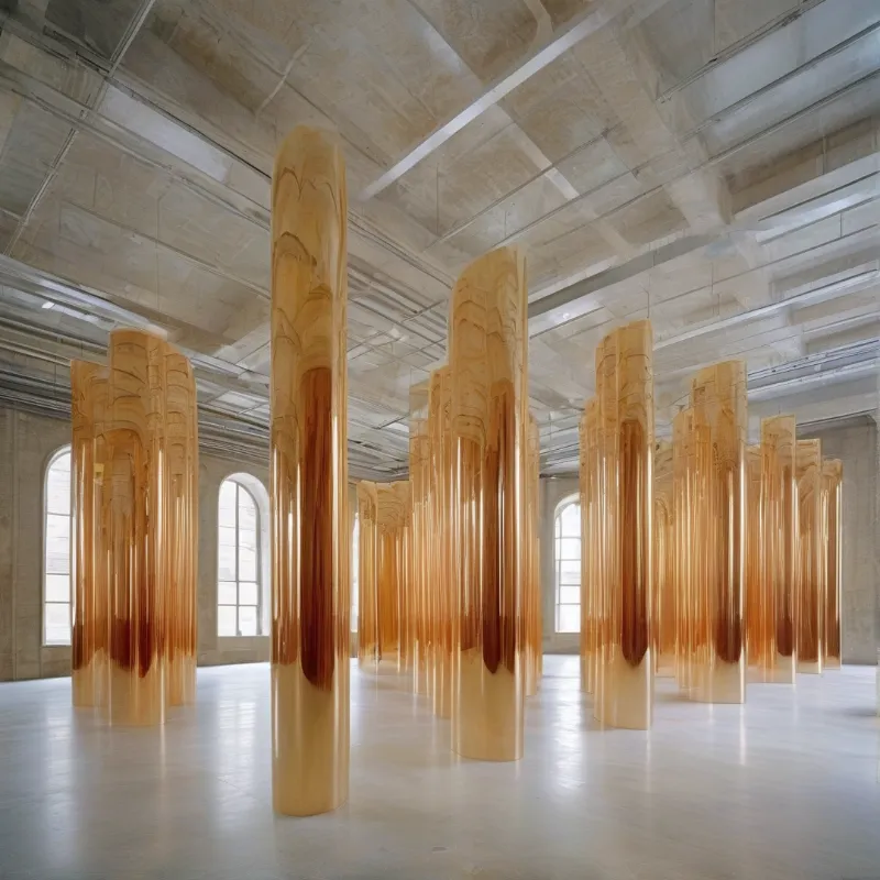 Tall translucent golden pillars stand in a spacious concrete building with large windows.