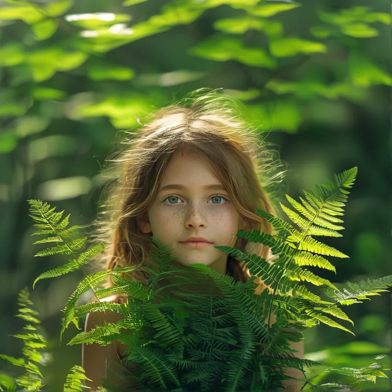 A young girl with freckles looks at the viewer while standing behind vibrant green ferns in a sunlit woodland.