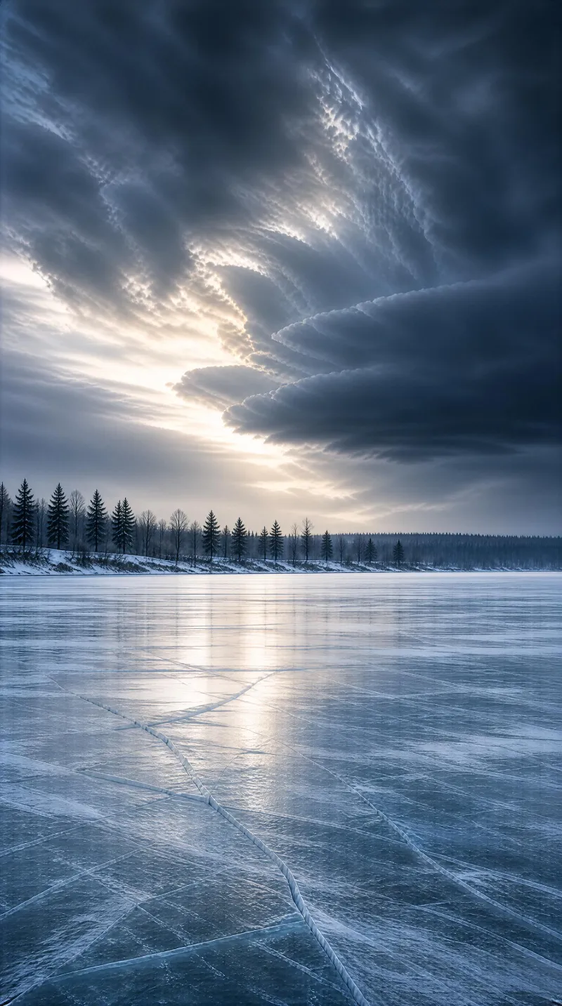 Frozen Lake Under Stormy Sky