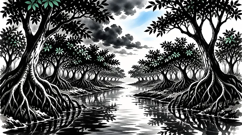 Graphic art of mangrove trees with complex root systems lining a river under a cloudy sky with green leaf accents.