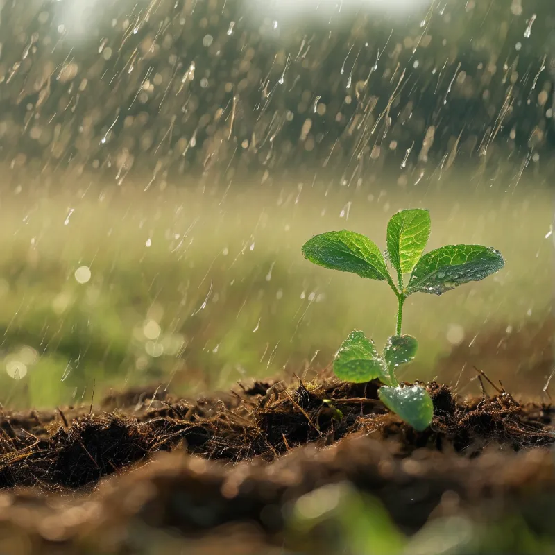 A small green seedling stands in dark soil while rain falls and sunlight shines.