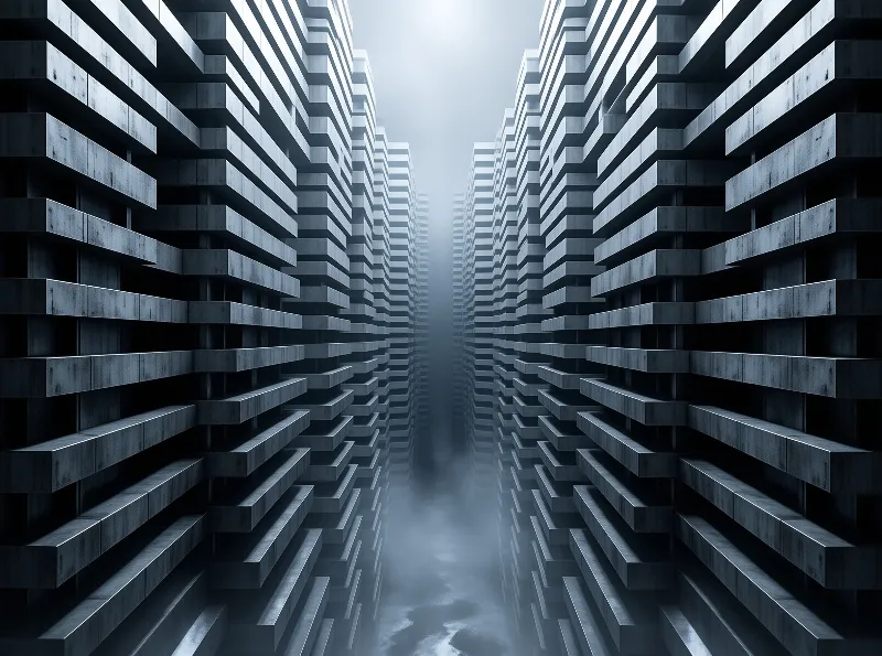 Two towering walls of stacked concrete blocks create a long perspective leading to a bright foggy vanishing point.