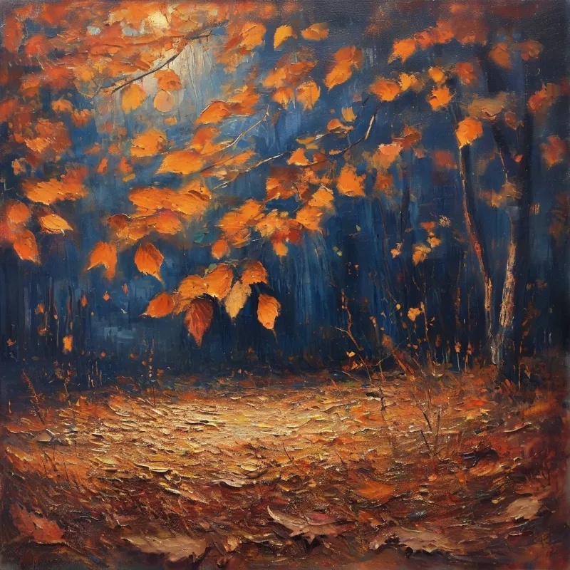 Vibrant autumn maple leaves catch warm sunlight over a dark blue forest path lined with fallen orange and brown foliage.