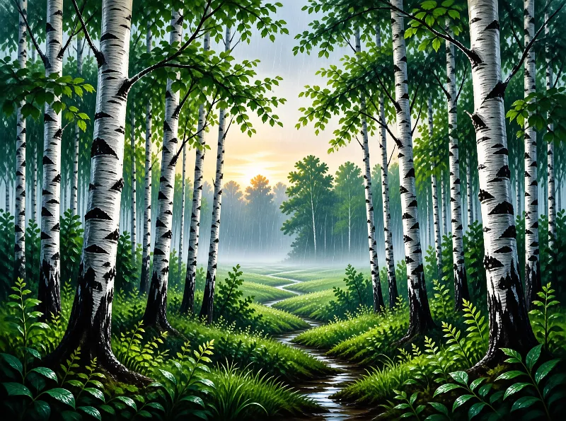 A winding stream flows through a forest of white birch trees while golden sunlight filters through the green canopy.