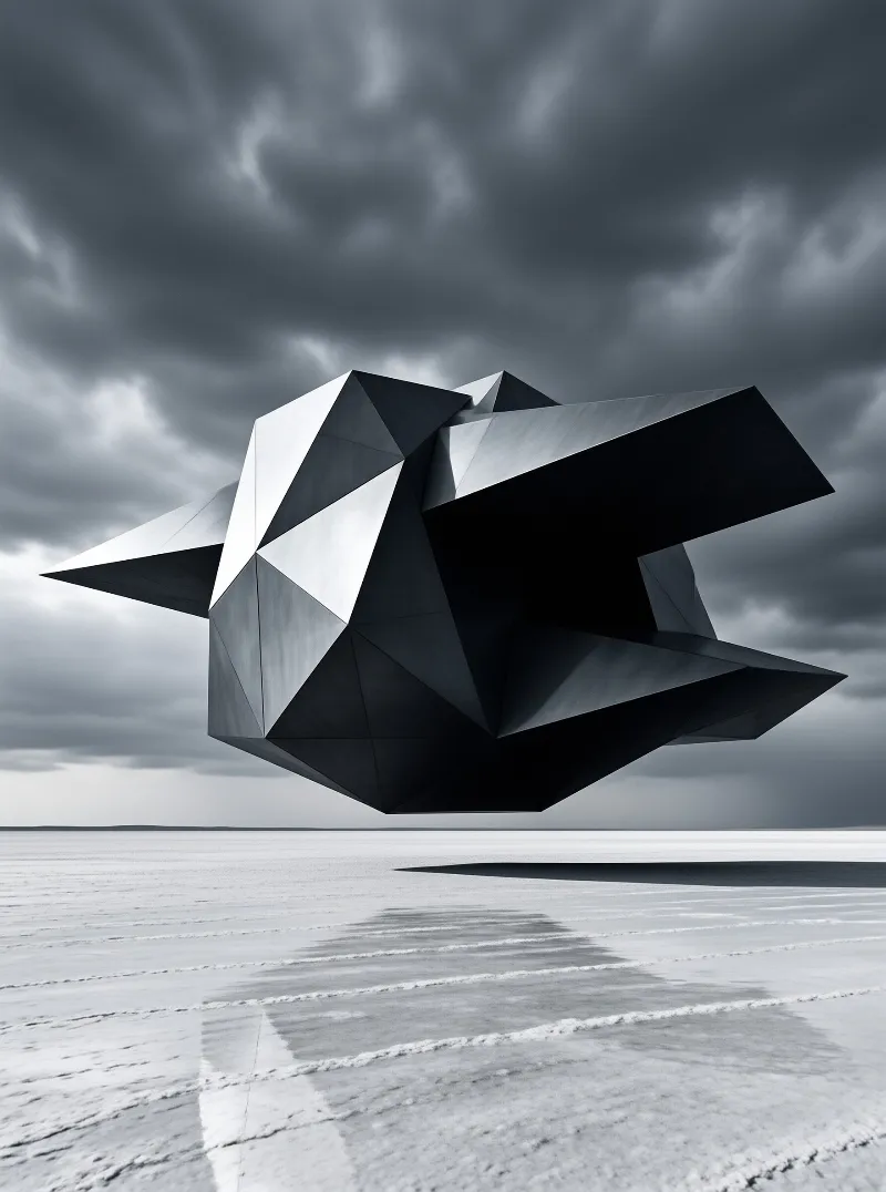 Angular metal sculpture floats above a vast cracked salt flat under dramatic dark storm clouds.