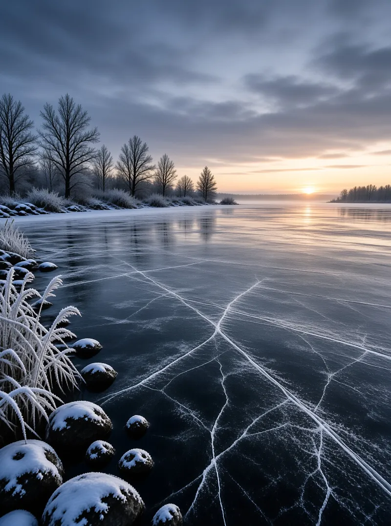 Cracked frozen lake stretches to the horizon, warm low sunset light reflects on the ice, frosted rocks line the left bank.