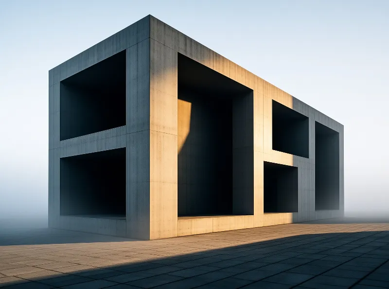 Minimalist concrete structure with deep recesses stands in foggy terrain as warm sunlight casts long shadows on tiled ground.