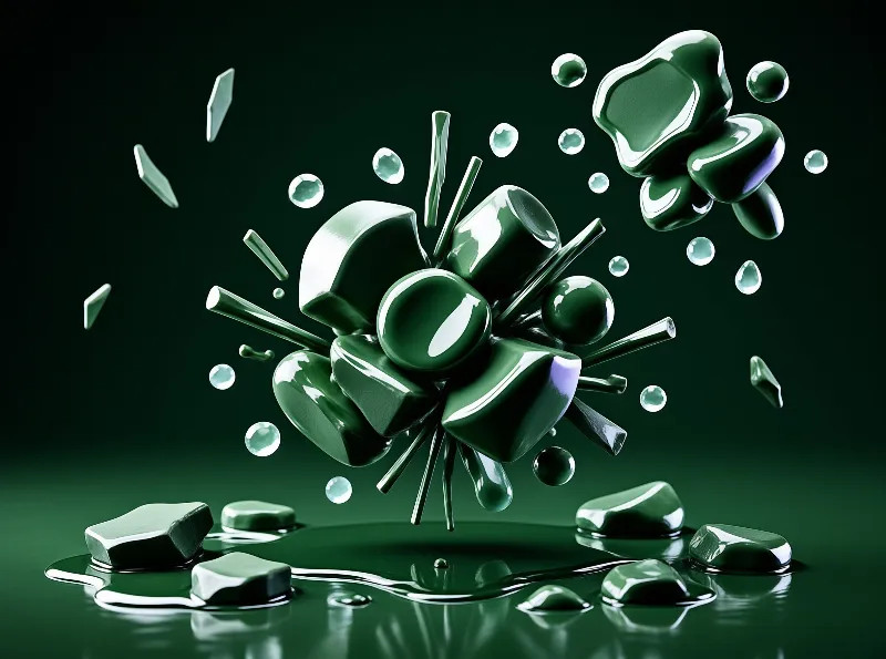 Glossy green blobs, rods and shards hover midair above a reflective pool on a deep green gradient backdrop.