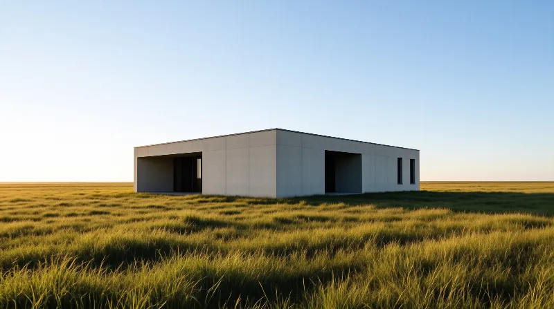 A stark rectangular concrete building with deep open doorways sits alone in a field of tall golden grass