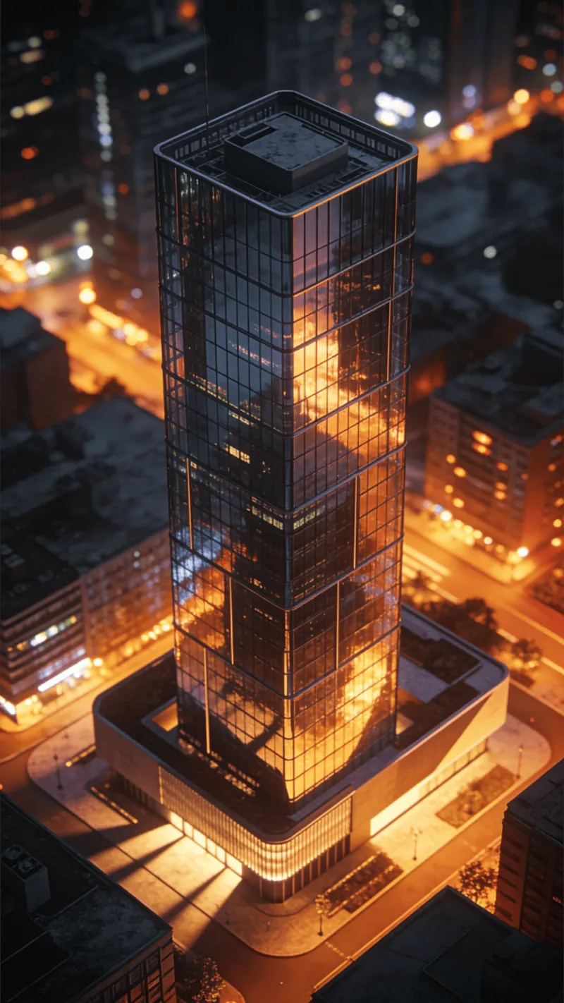 Tower with Glass Curtain Wall — Night With Warm Lights