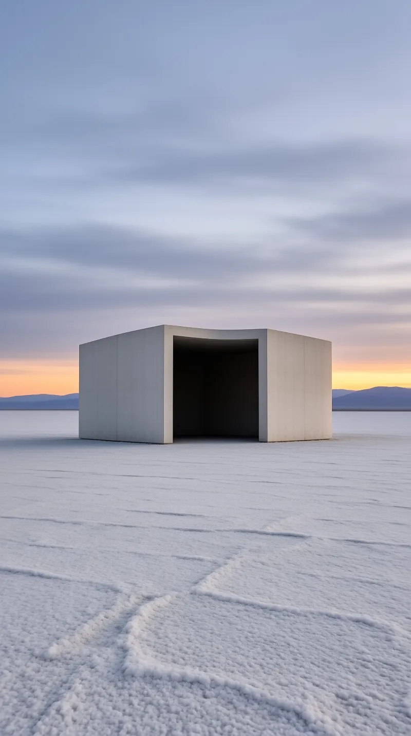 A solitary white rectangular building stands alone in an expansive salt flat under a twilight sky.