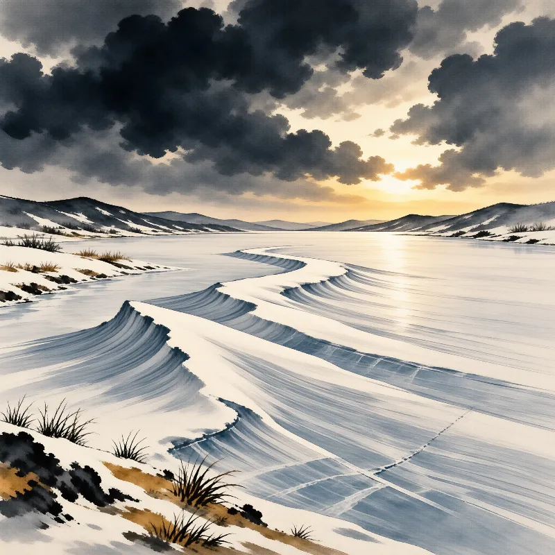 A frozen waterway snakes through white terrain beneath storm clouds and warm evening glow.
