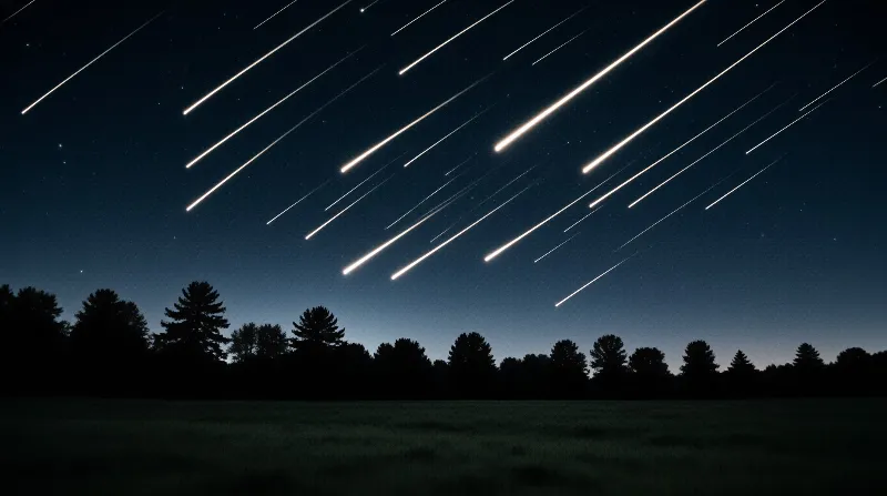 Glowing meteor trails slash diagonally across a deep blue night sky above a silhouetted field and forest.