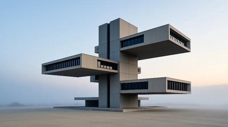 A minimalist architectural form with projecting blocks stands alone on a dusty expanse under a soft horizon.