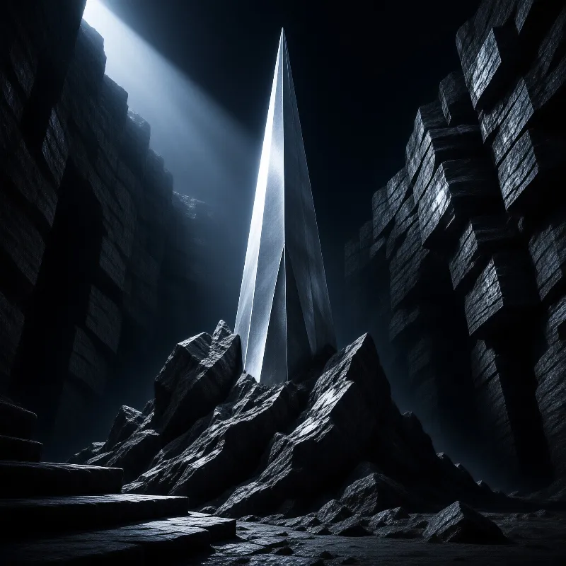 A sharp luminous monolith stands in a dark rocky chasm with a bright shaft of light beaming down from above.