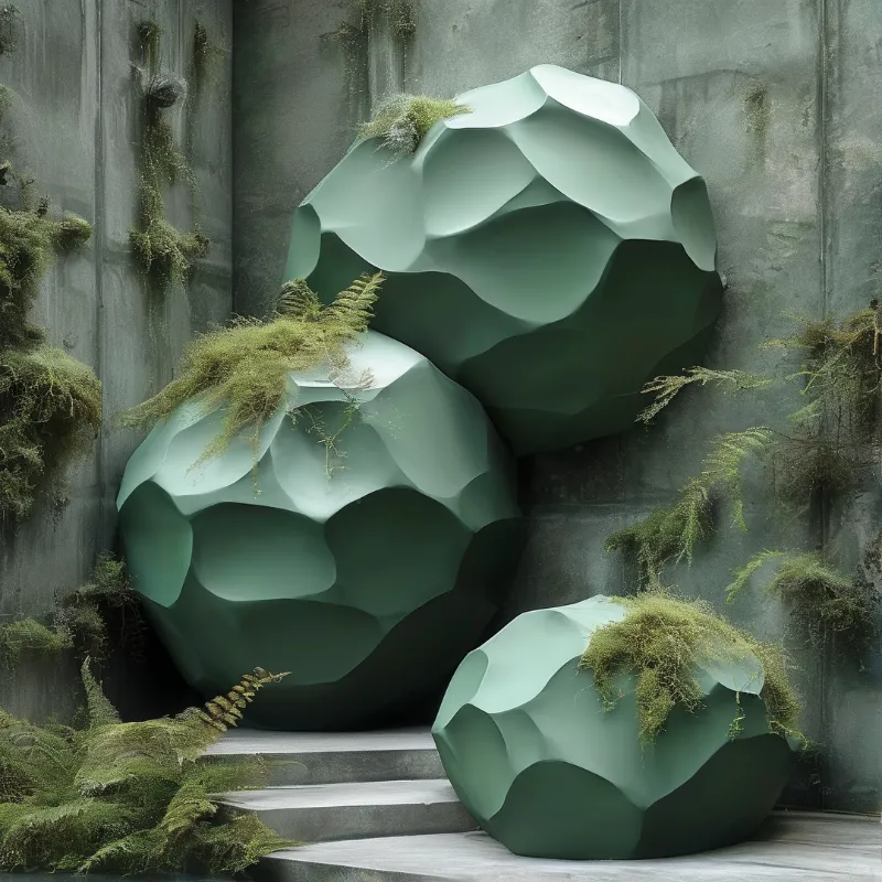 Three large green faceted sculptures covered in moss sit against a grey concrete wall in a dimly lit space.
