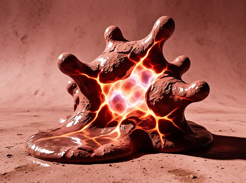 A glossy earthen splash frozen mid burst reveals a violet plasma centre glowing hot.