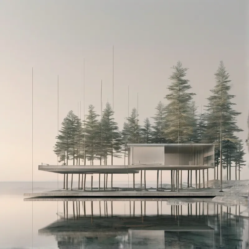 Minimalist stilted house rests on slender legs over calm water surrounded by evergreen trees in soft hazy light and clear reflections below