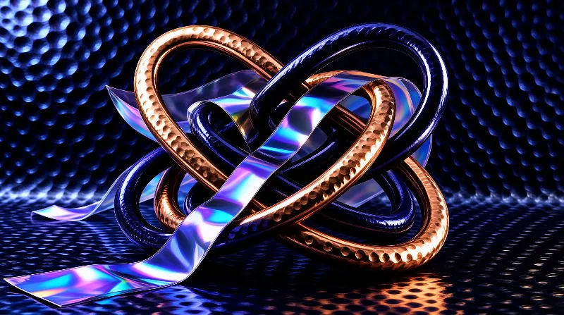Hammered copper tubing and blue metal loops intertwine with a shiny pearlescent ribbon on a dimpled surface.