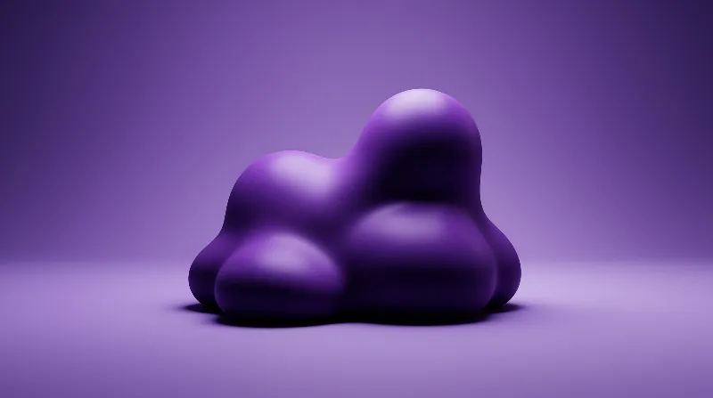 A smooth glossy purple form rests on a seamless lavender studio surface with soft even lighting.