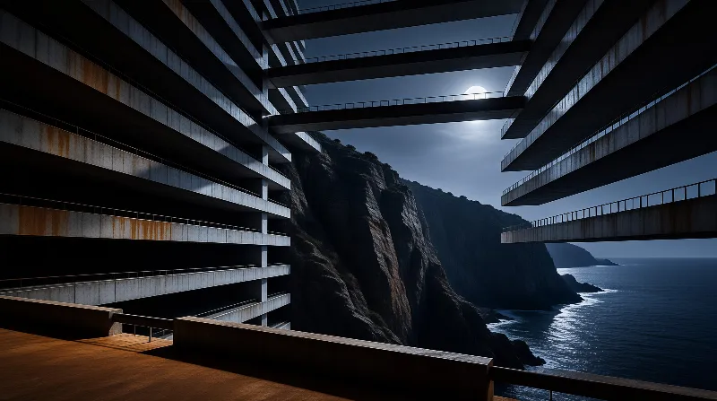 A rust stained multi-level concrete parking structure sits next to dark coastal cliffs under a moonlit sky, with pale moonlight reflecting off the far ocean.