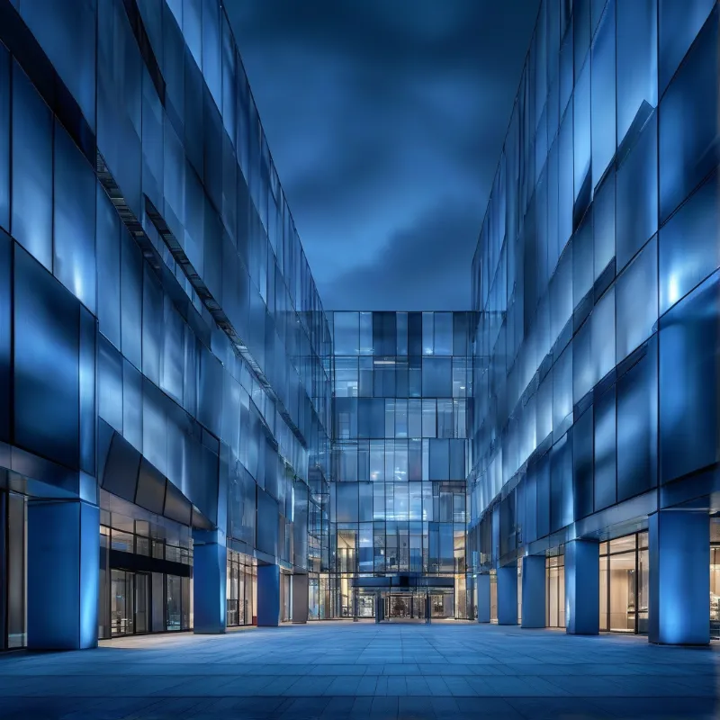 Modern glass facade building with blue tinted panels under cloudy twilight sky flanked by two towers with glass bridge