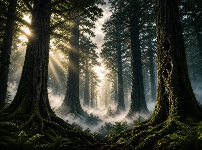 Giant Trees in Misty Forest