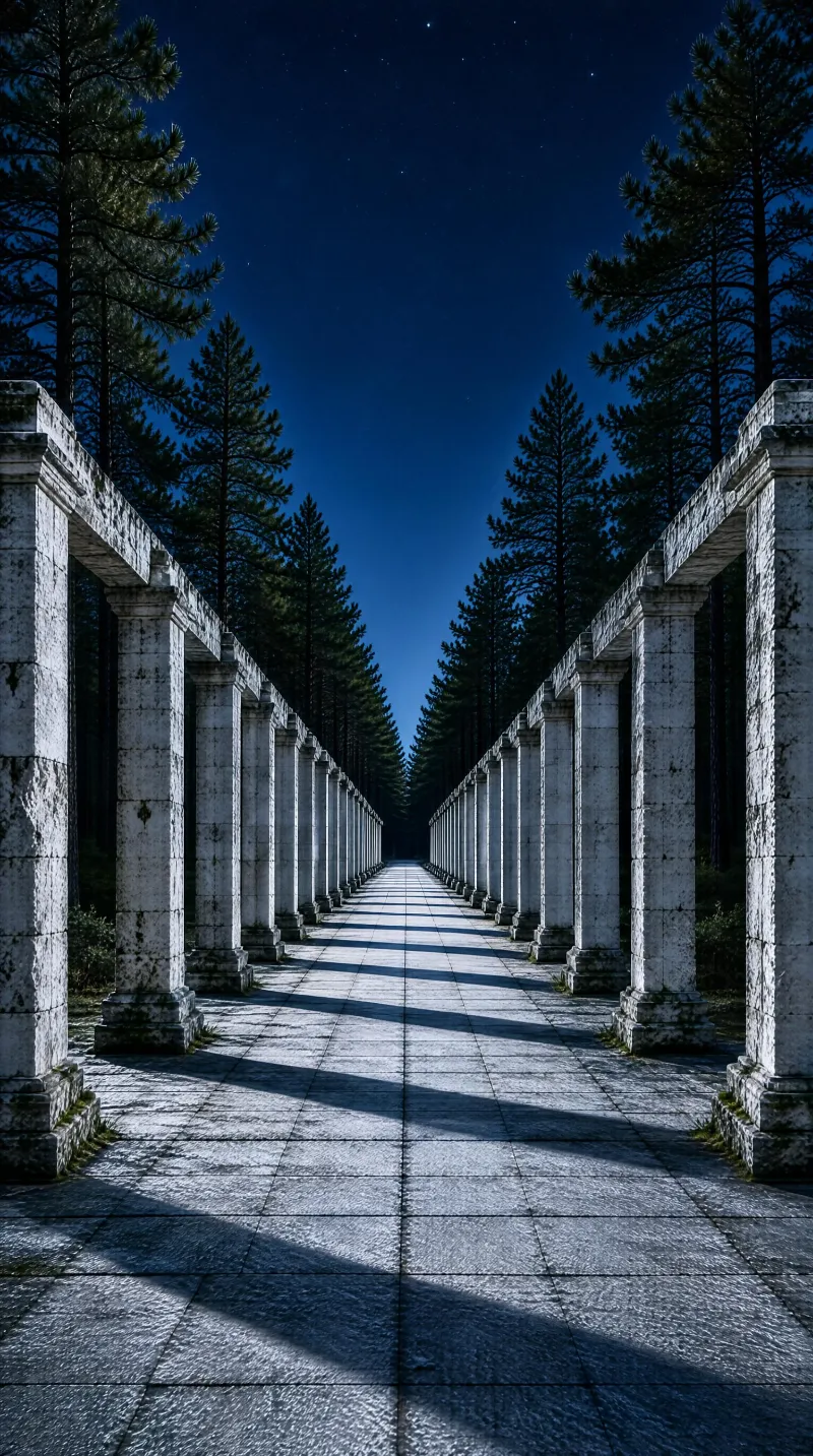 A long stone colonnade stretches into the distance between tall pine trees under a dark blue night sky dotted with stars, casting long shadows on the paved walkway