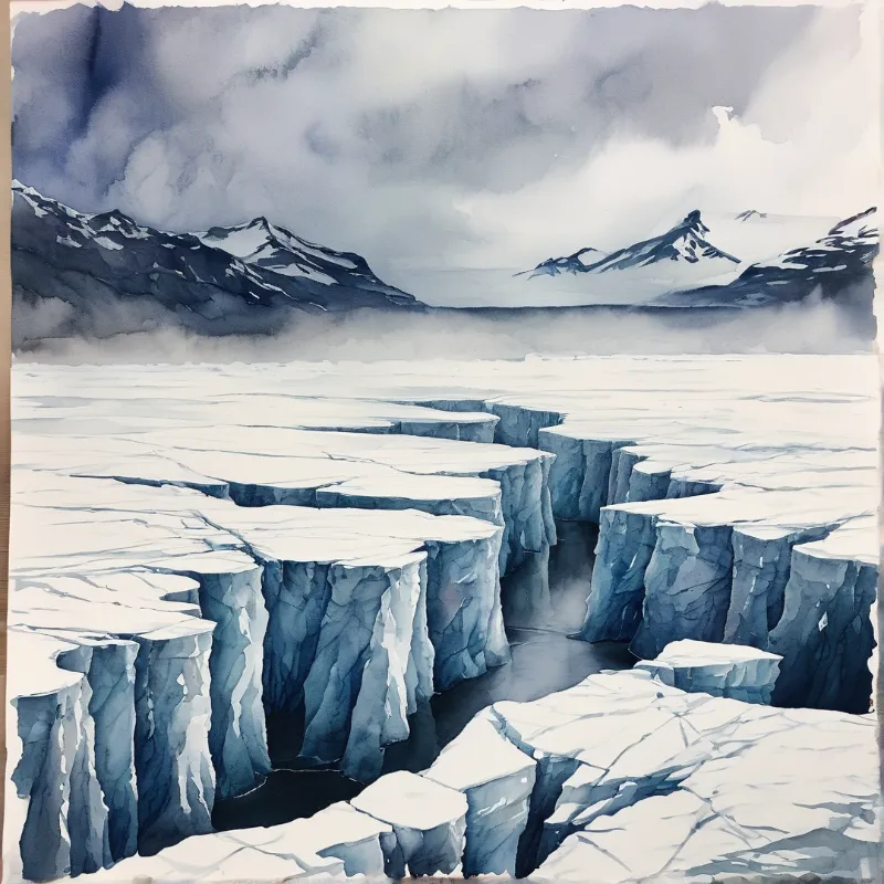 Blue toned watercolor of cracked ice blocks separated by dark gaps against a backdrop of misty snow mountains.