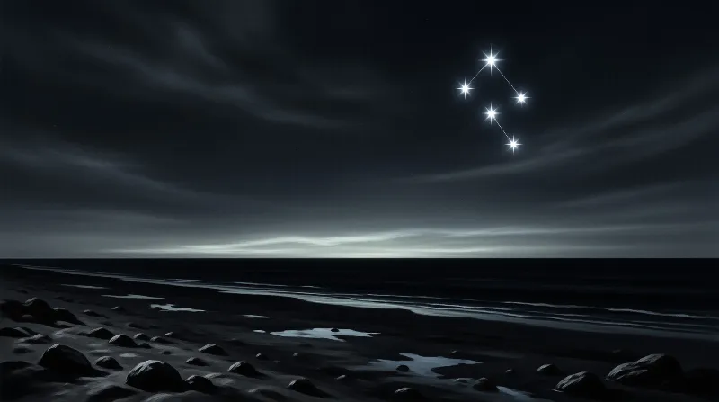 Five bright stars linked by thin lines hang above a moonless black sand beach and a faint glow at the horizon.