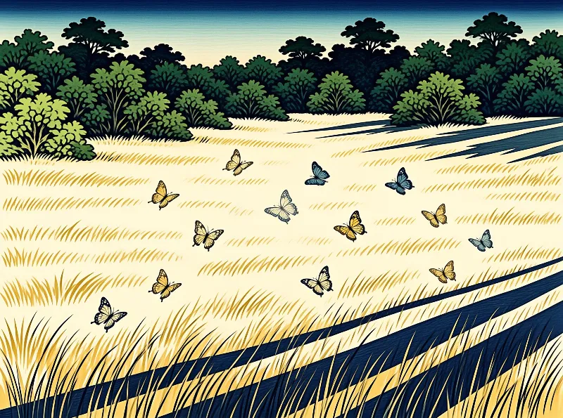 Colorful insects flutter across a stylized yellow meadow marked by dark blue shadow stripes and bordered by green trees.