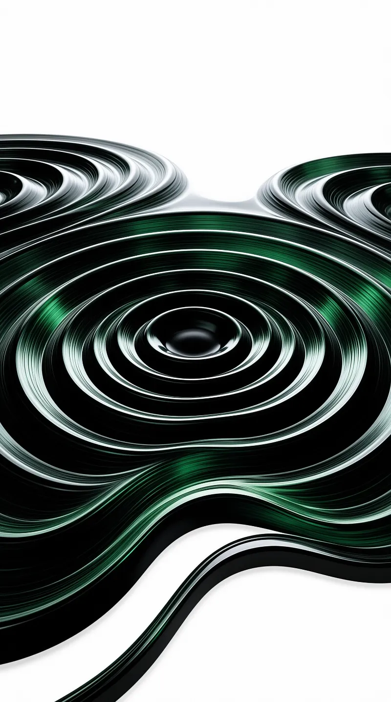Glossy black and green concentric ripples spread across a bright white surface with a dark glossy center.