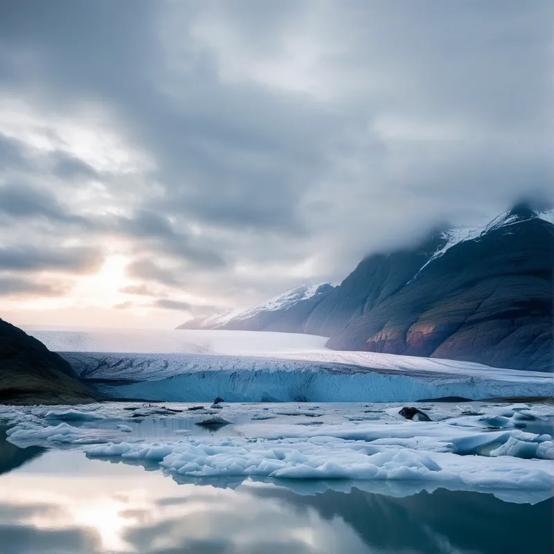 A vast ice shelf meets dark water filled with floating chunks while steep mountains rise in the misty background.