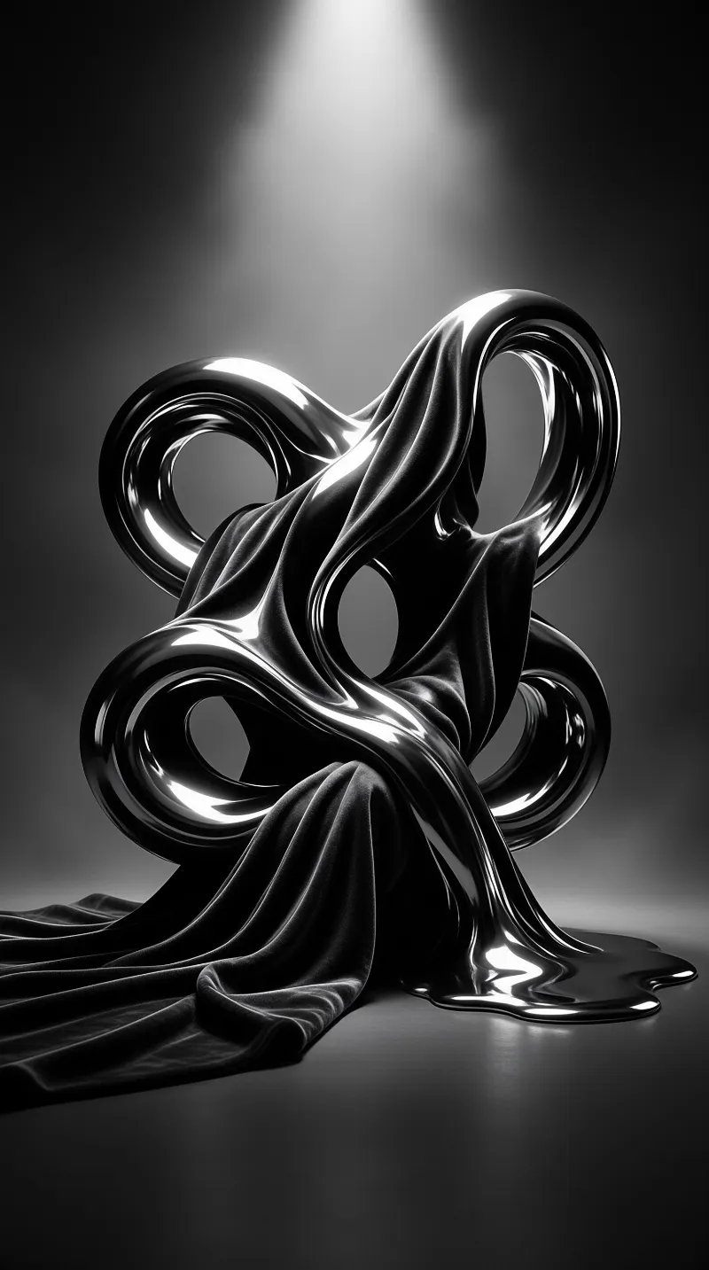 A glossy black sculpture twists into looping knots, part liquid metal and part draped cloth, lit from above on a dark stage.