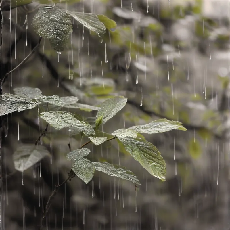 Rain falls steadily on green leaves as water droplets cling to the surfaces against a soft blurred background.