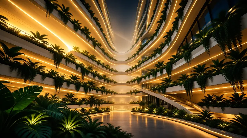 Futuristic atrium with multiple levels of lush tropical plants and glowing yellow light strips along curved white balconies.