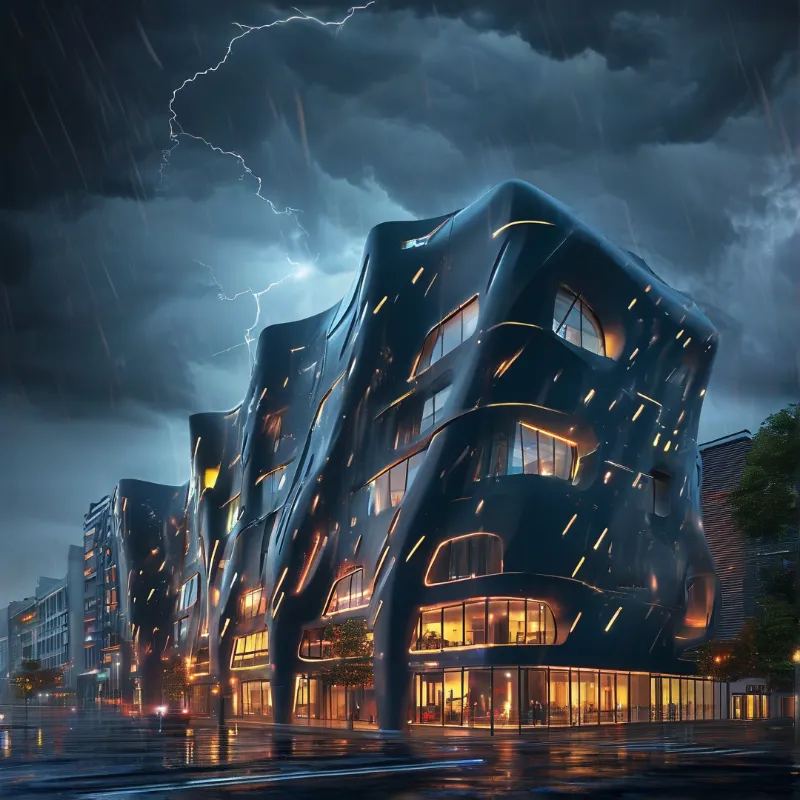 A sleek dark building with organic shapes stands on a wet street while lightning strikes nearby clouds.