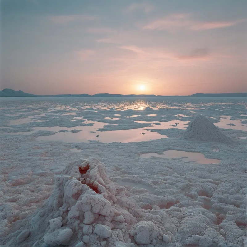White salt deposits and scattered water pools reflect the golden light of a setting sun near distant mountains.