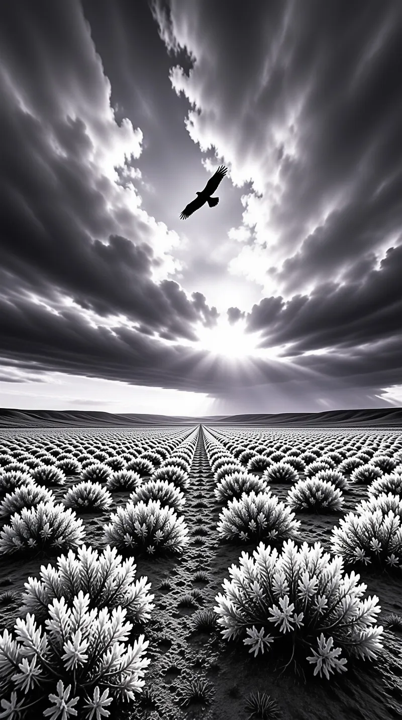Rows of low plants lead to a distant horizon where the sun bursts through dramatic clouds while a lone bird soars overhead.