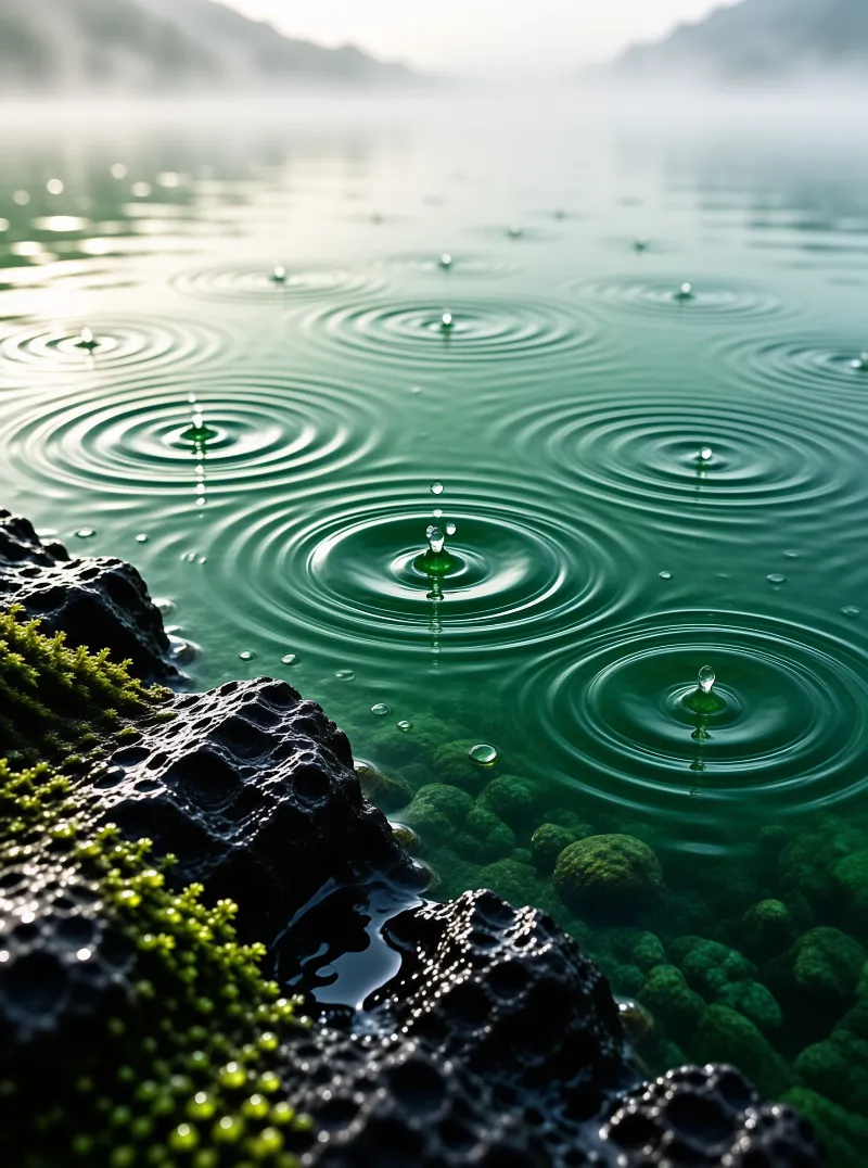 Ripples on Misty Green Water