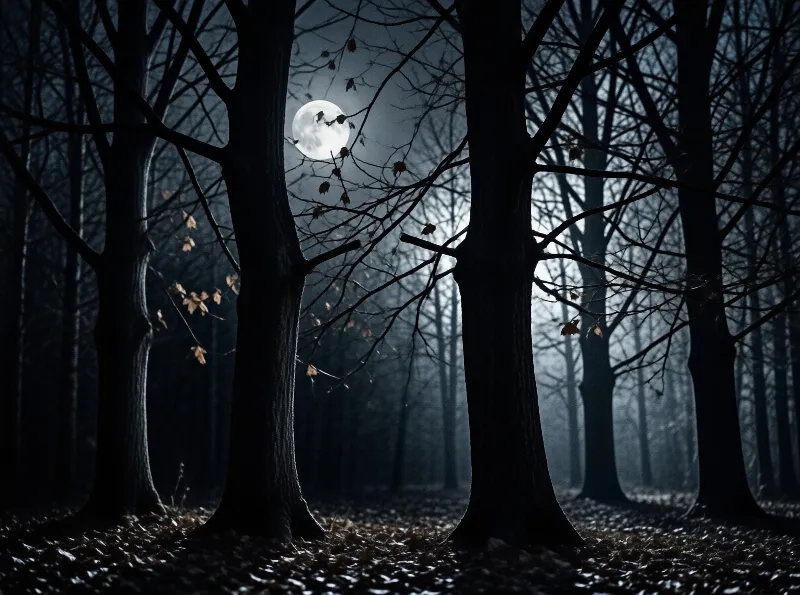A bright full moon shines through branches of tall leafless trees in a dark misty forest at night.