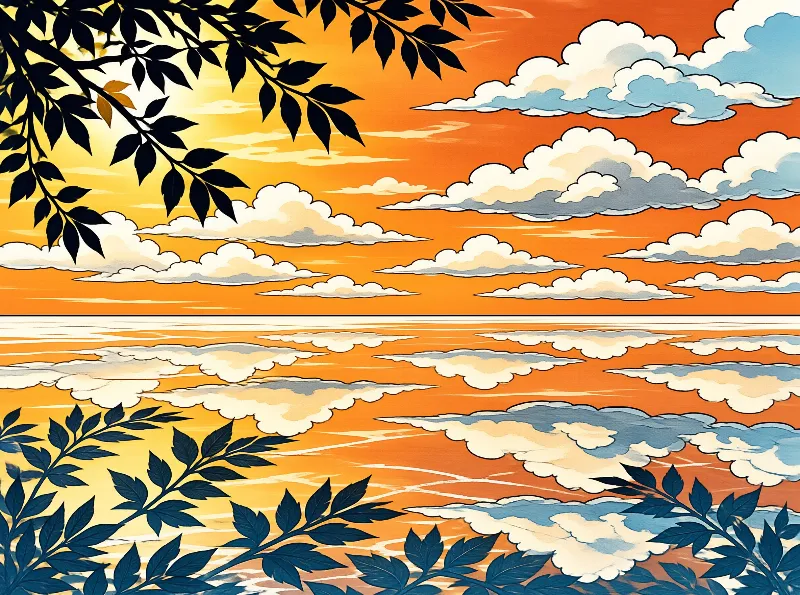 Dark leaves frame a stylized sunset scene where white clouds float above water that mirrors the orange sky.