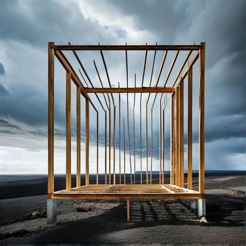 Unfinished wooden building skeleton stands on concrete pillars amidst dark terrain beneath dramatic cloudy skies.