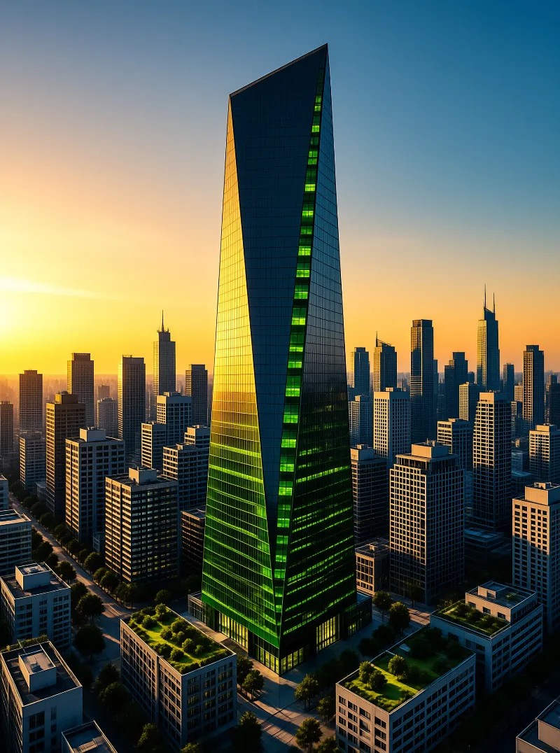 A twisted glass skyscraper dominates a city at sunset. The building reflects golden light and features green illumination.