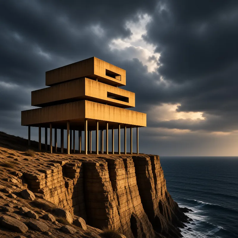 A stacked wooden building on slender stilts stands on a cliff above the sea under storm clouds lit by golden sunlight.